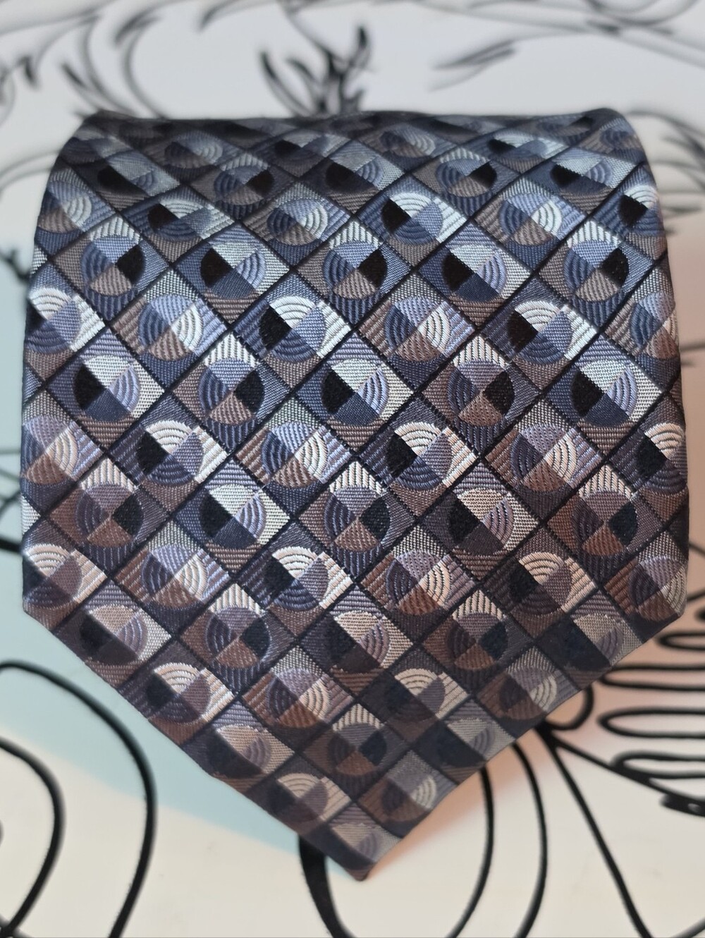 George All Silk Geometric Necktie Grey Blue Brown Pattern Classic